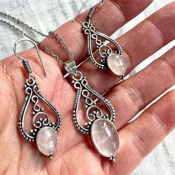 Jewelry - 925 Ornamental Rose Quartz Necklace + Earrings Set